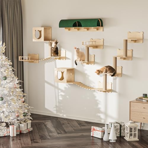 16 Pcs Wooden Cat Wall Shelves with Bed and Scratching Post Y90412