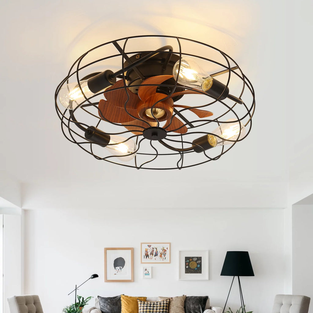 20" Industrial Flush Mount Bladeless Caged Ceiling Fan with Light and Remote C5668