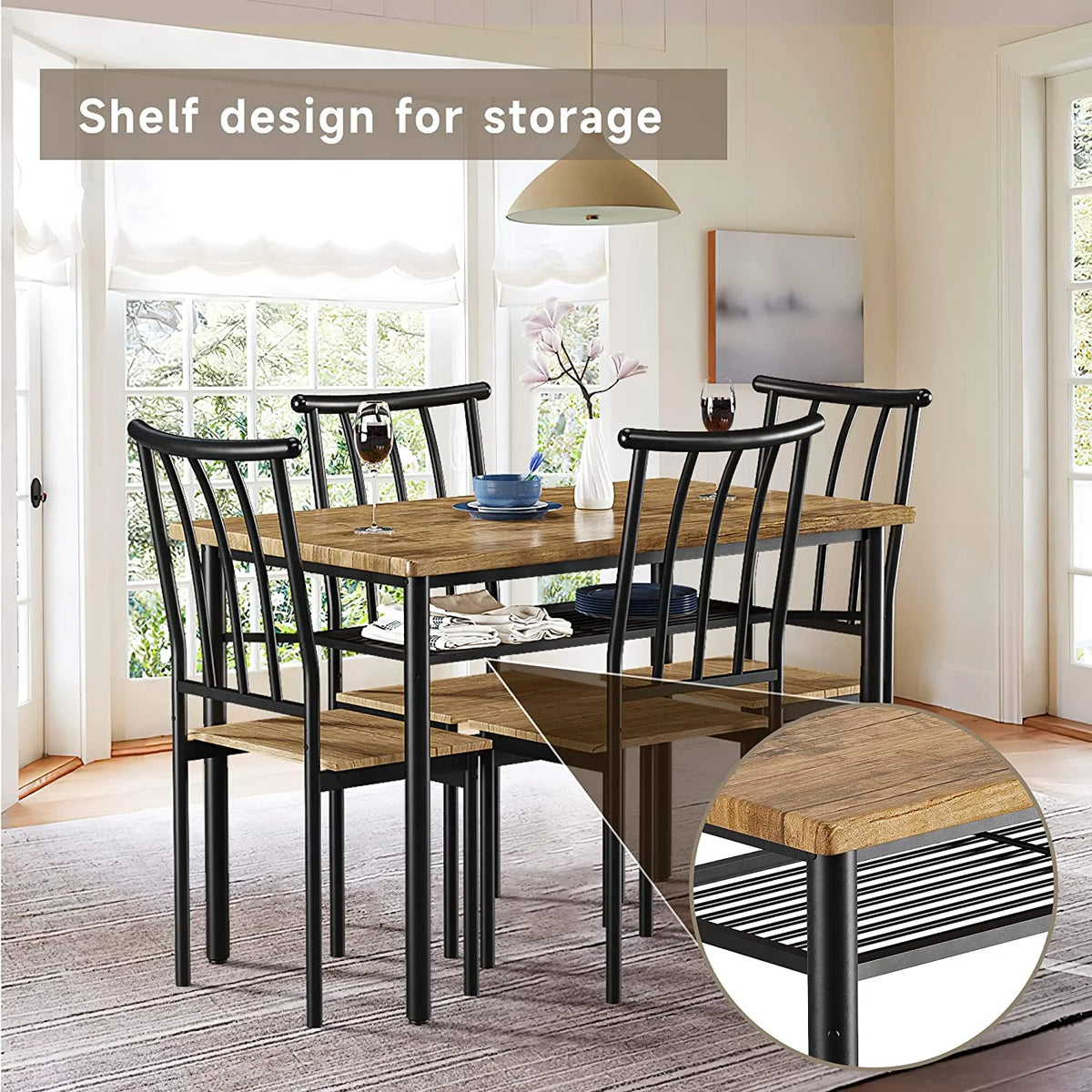 5-Piece Kitchen Table and Chairs for 4 with Metal Frame & Storage Rack U982860