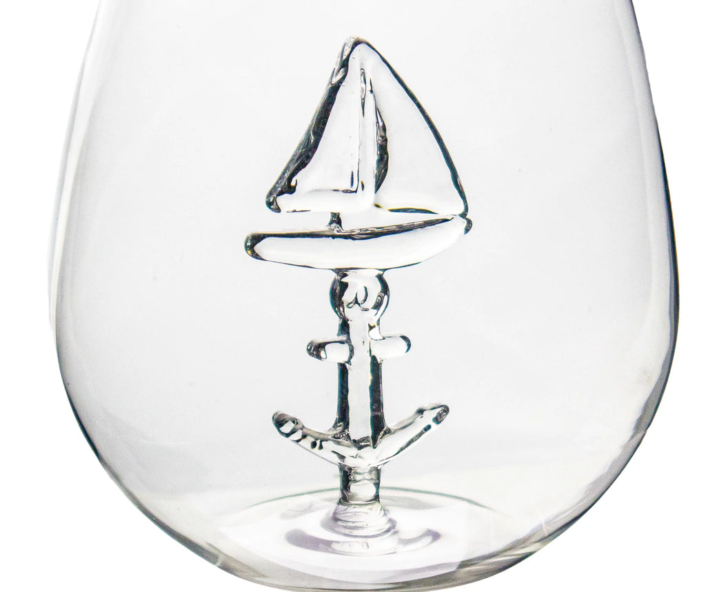 Sail Boat Wine Glass with 3D Sailboat and Nautical Anchor Design 2 PC Set 650ml Stemless L984