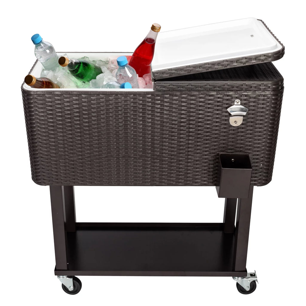 80 Quart Rolling Ice Chest on Wheels, Dark Brown Wicker Beverage Cart D86615