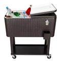 80 Quart Rolling Ice Chest on Wheels, Dark Brown Wicker Beverage Cart D86615