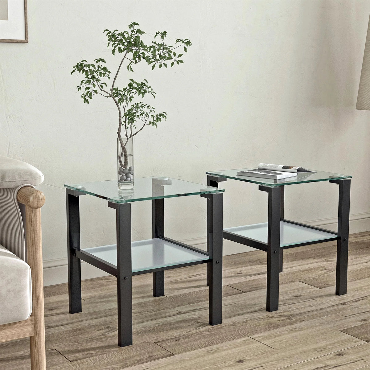 Set of 2 Tempered Glass Square Side Table Y6029