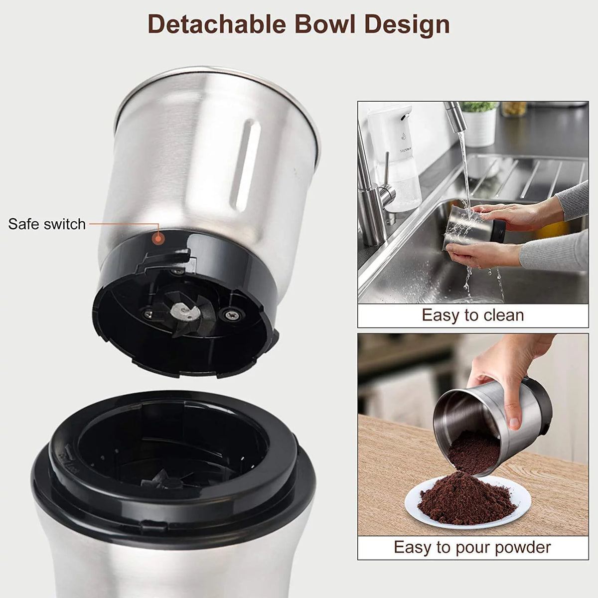 Electric Wet and Dry Coffee Grinder with 2 Stainless Steel Bowls M3498