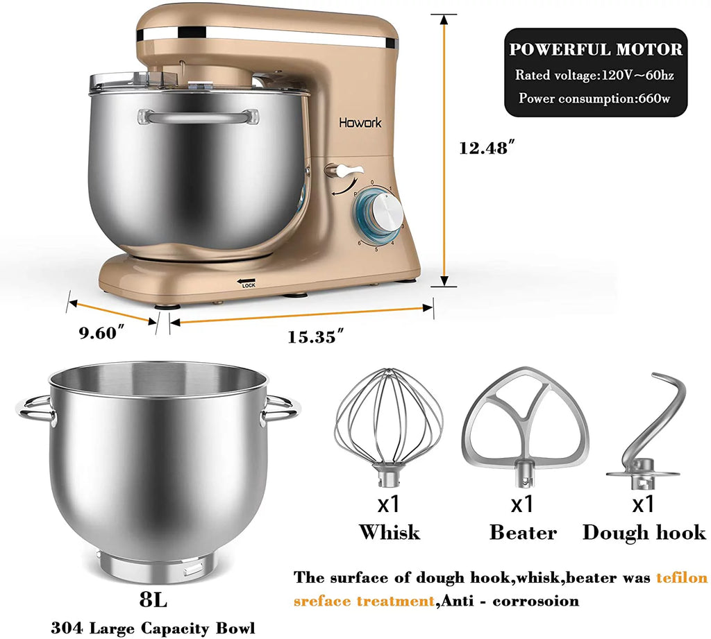 8.45 QT 660W Stand Mixer with Dough Hook, Whisk, Beater S75350
