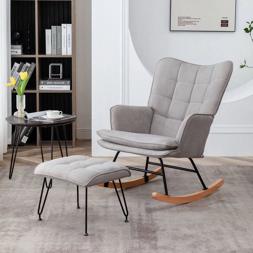 Gray Linen Fabric Rocking Chair with Ottoman H933