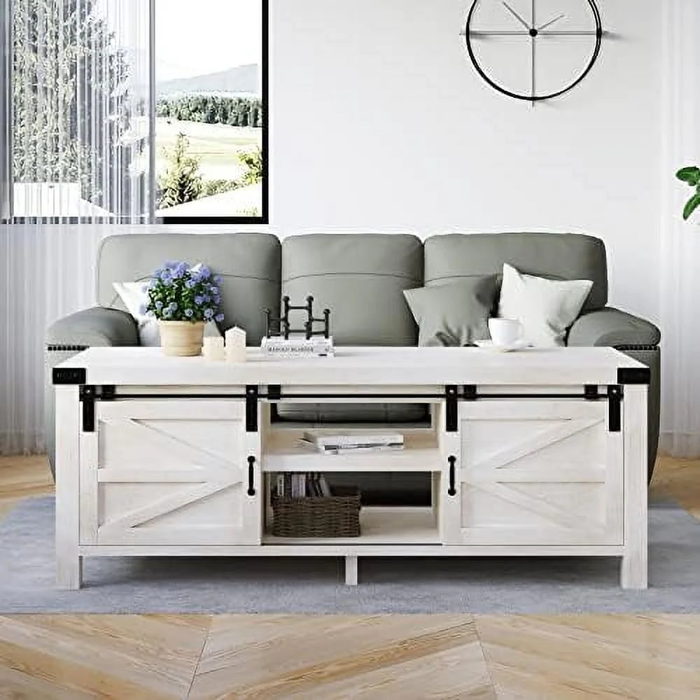Farmhouse Coffee Table with Hidden Compartment and Cabinets Shelves Wood Rectangular Tables with Sliding Barn Doors for Living Room Reception (Wash White) U427