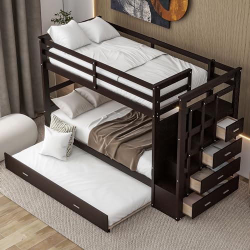 Full Over Full Wood Bunk Bed with Twin Trundle and Stairs, Espresso S7265