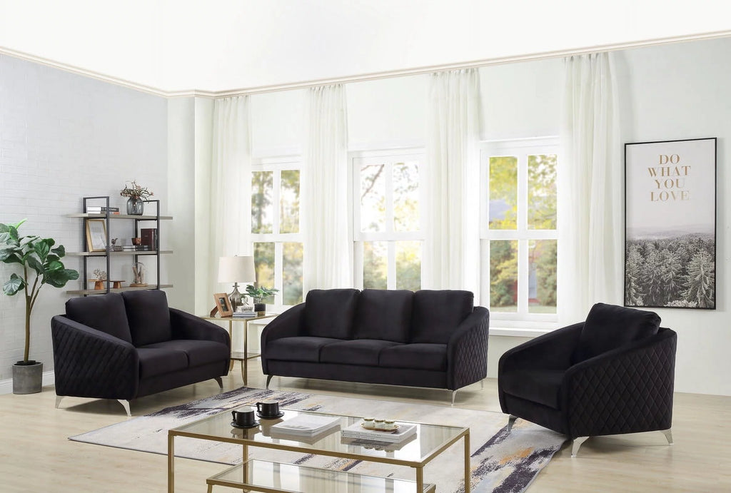 Black Velvet Sofa Loveseat Chair Set S7211