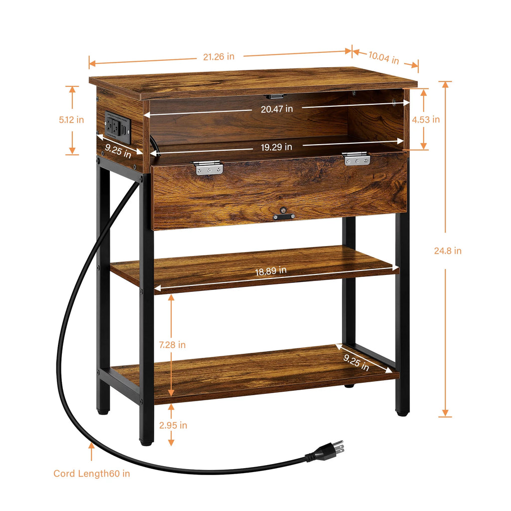 Brown Narrow End Table with Charging Station and Storage Shelf Y84273