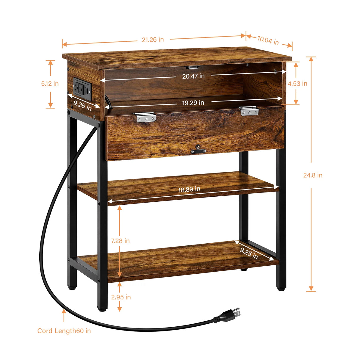 Brown Narrow End Table with Charging Station and Storage Shelf Y84273