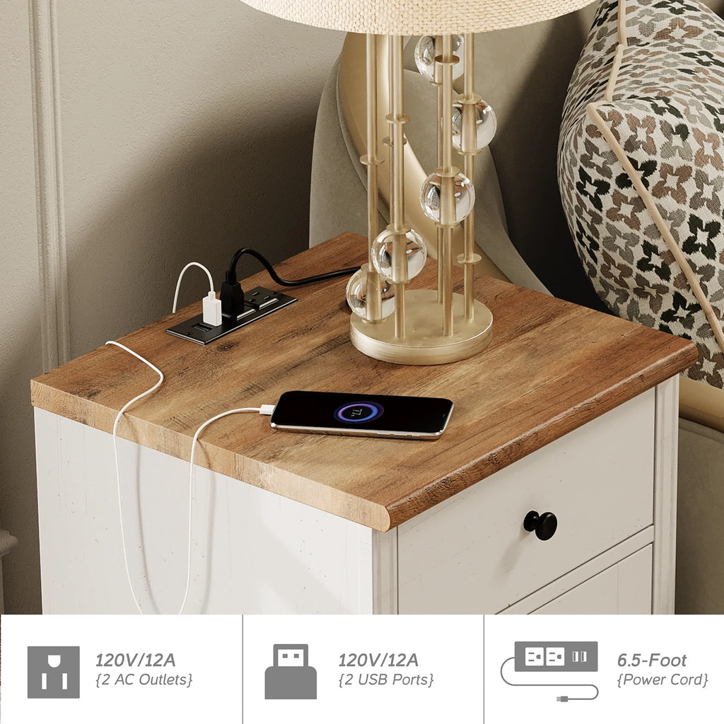 White Oak Set of 2 Nightstand with Charging Station I244