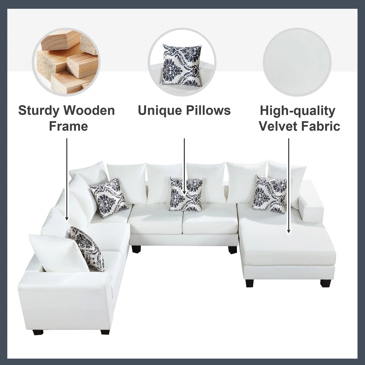 U Shape Velvet Sectional Sofa with Pillows and Chaise Lounge Y186