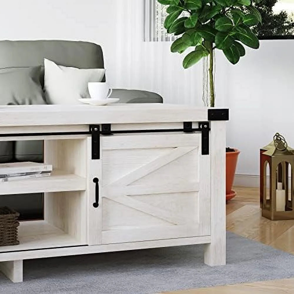 Farmhouse Coffee Table with Hidden Compartment and Cabinets Shelves Wood Rectangular Tables with Sliding Barn Doors for Living Room Reception (Wash White) U427