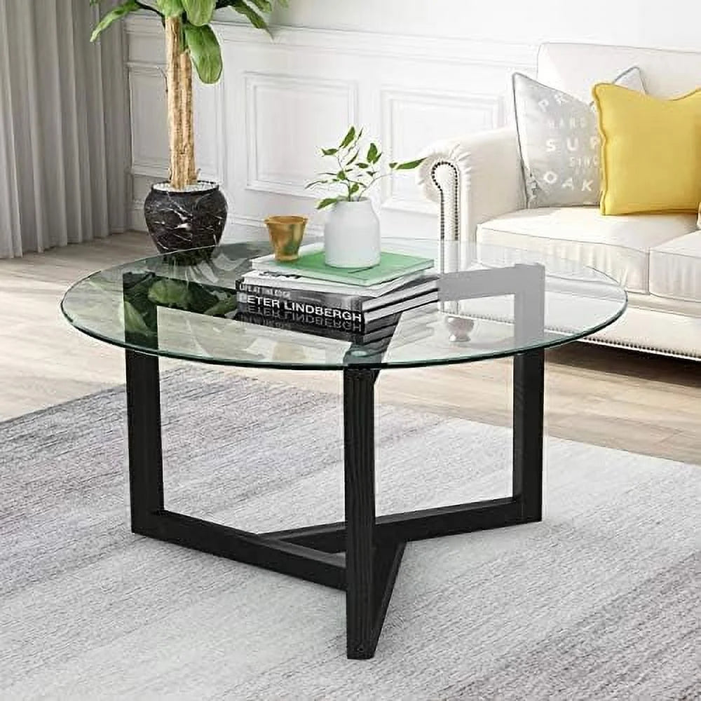 Round Glass Coffee Table with Wood Frame X4645
