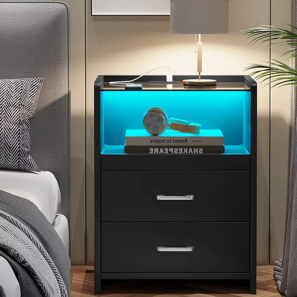 Black Set of 2 LED Nightstand with Charging Station P468423