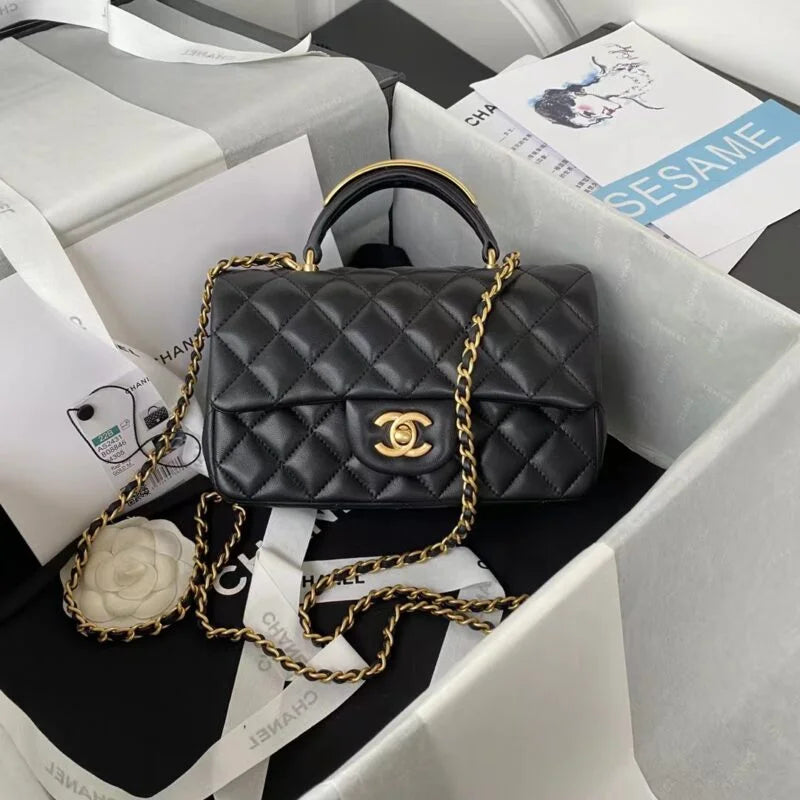 Lambskin Mini Flap Bag With Top Handle Black U7960