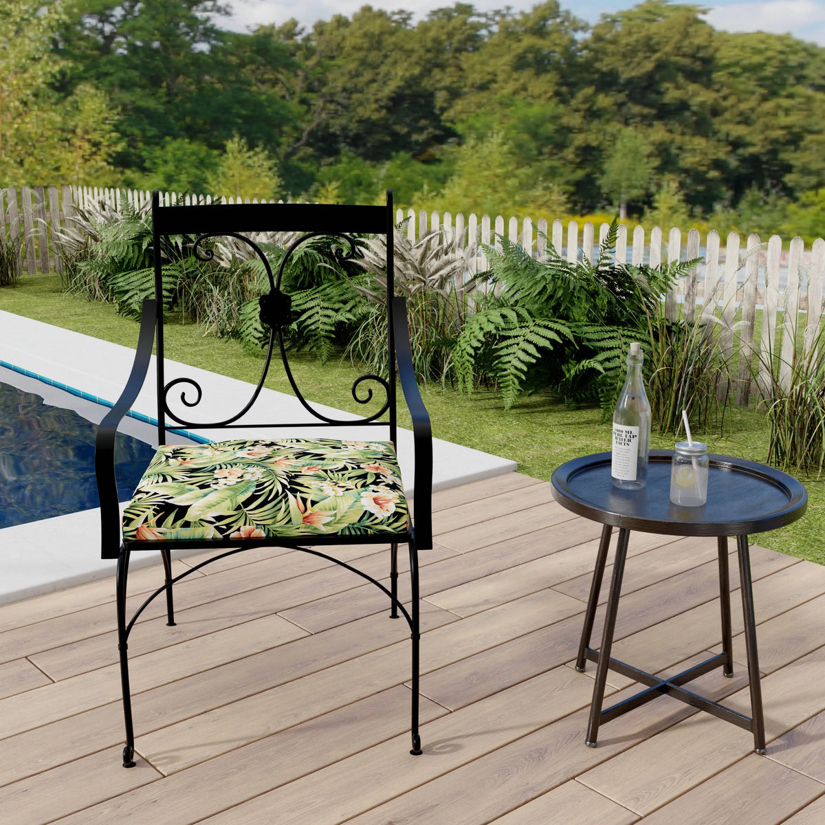 Black Leaves Rectangular Outdoor Chair Pad Seat Cushion with Ties, 2 Pack T820