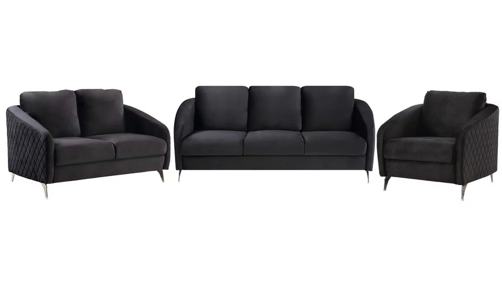 Black Velvet Sofa Loveseat Chair Set S7211