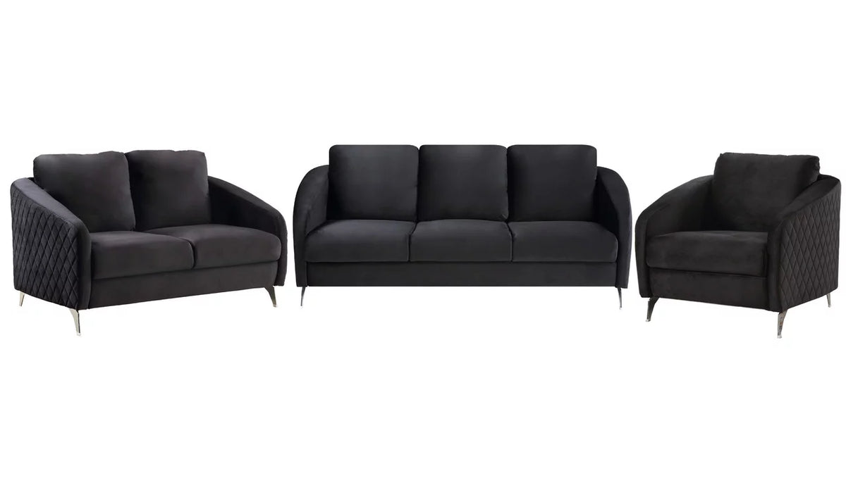 Black Velvet Sofa Loveseat Chair Set S7211