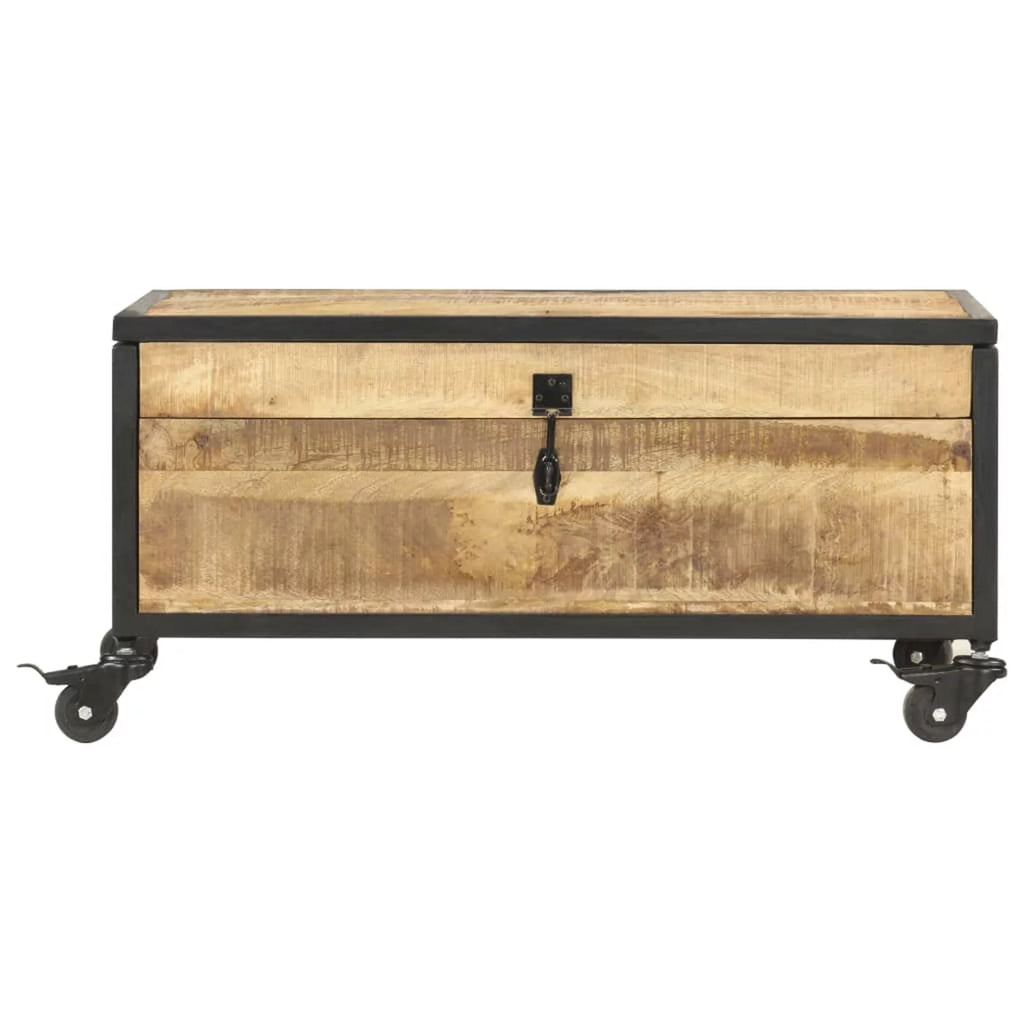 Mango Wood Coffee Table with Flip-up Door and 4 Rolling Wheels O208