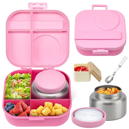 Bento Lunch Box for Kids, 4 Compartments, 12oz Soup Thermo, BPA Free, Leak proof, Blue G7467