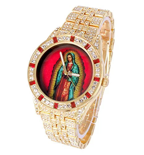 Men's Hip Hop Metal Timepiece with Blood Red Baguettes and Clear Rhinestones E6459