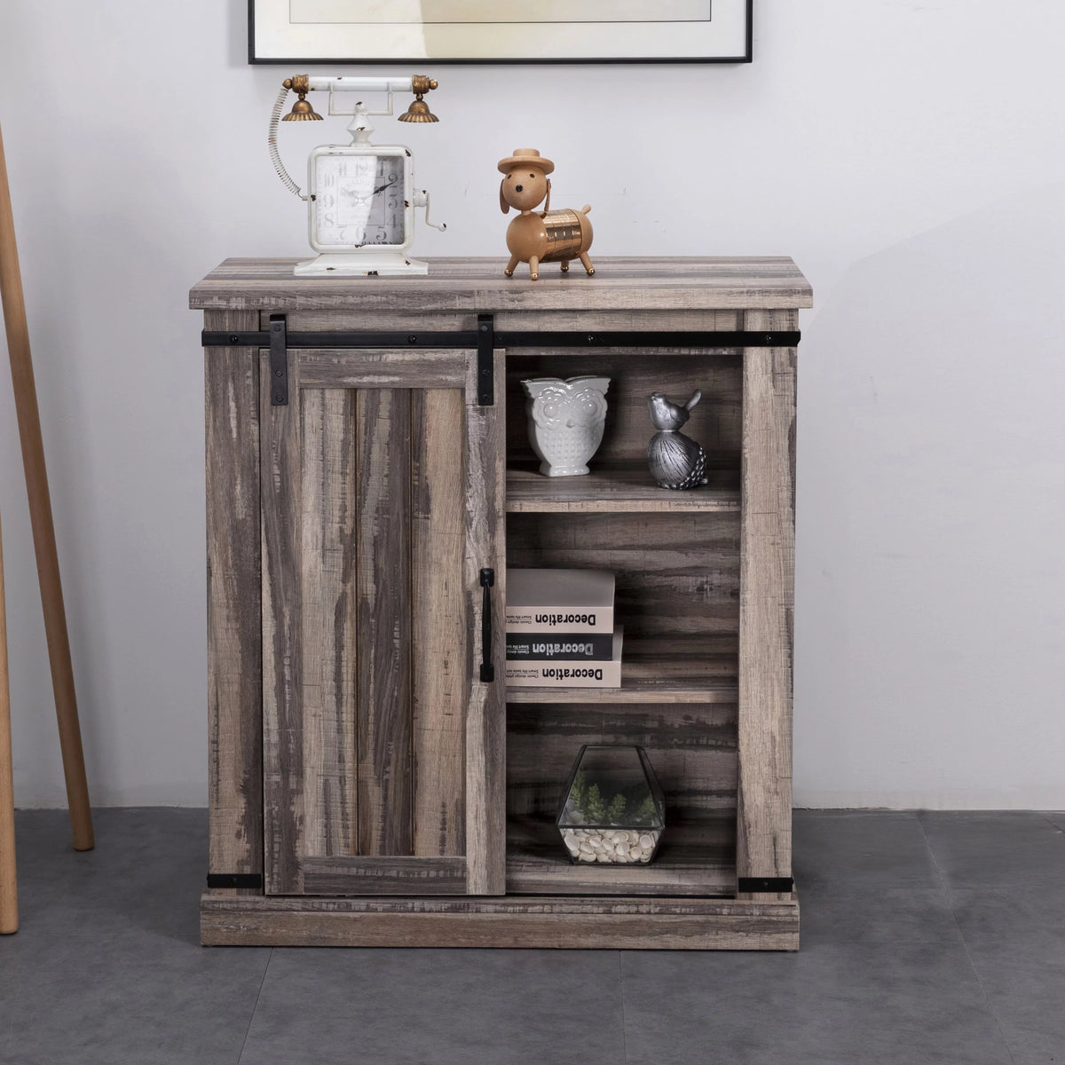 Aged Wood Sliding Barn Door Accent Cabinet J24522