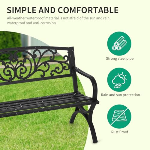 Metal Outdoor Bench with Plastic Mesh Backrest and Armrests Black B2397