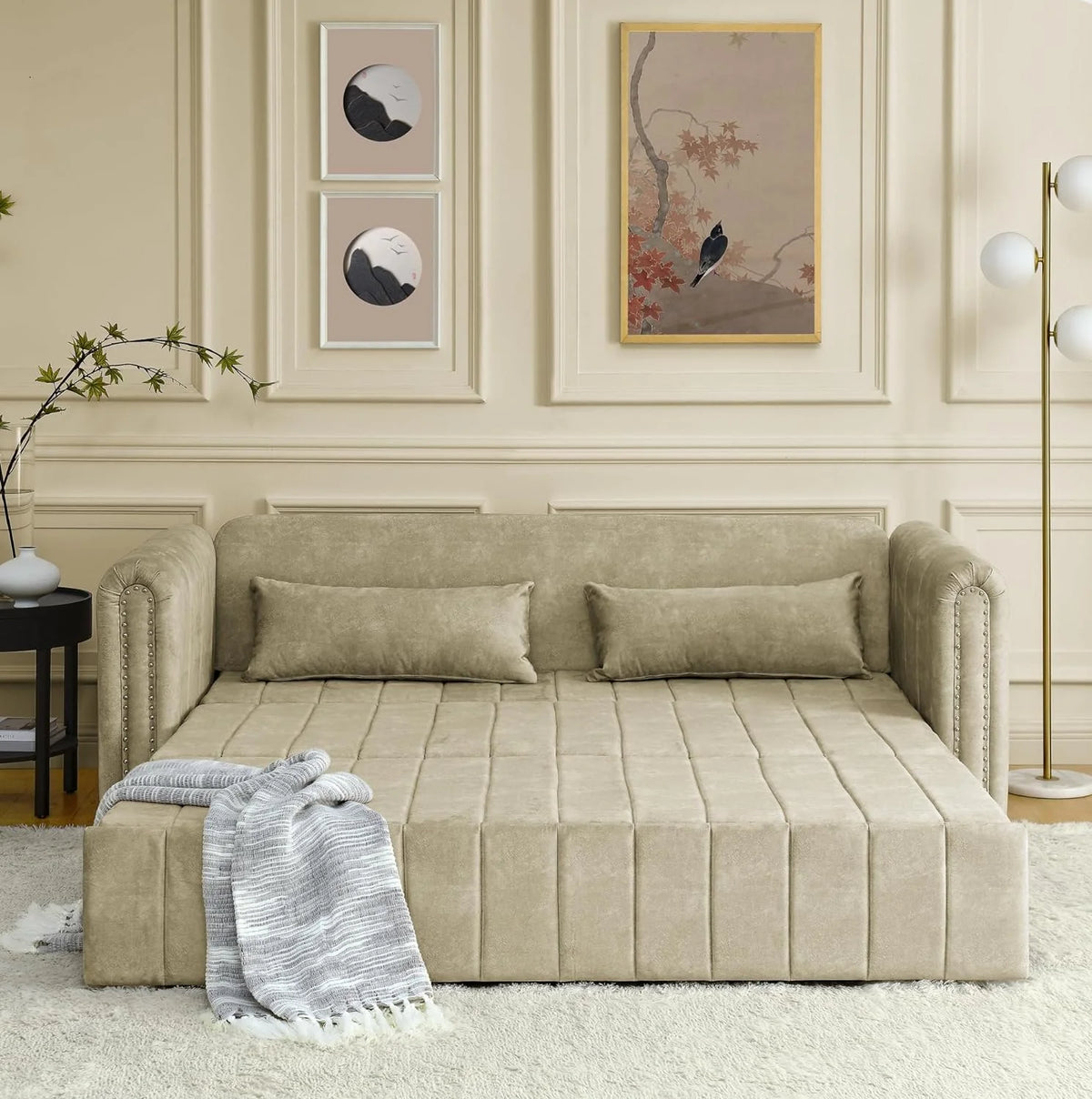Black 3-in-1 Convertible Sleeper Sofa Bed with Two Drawers and Two Pillows Y47500