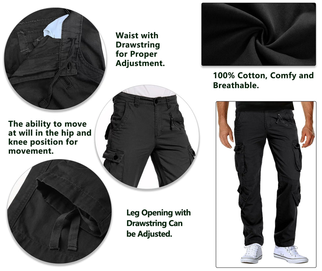 Black 8 Pockets Cotton Cargo Work Pants W608311