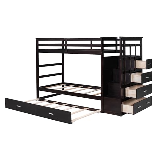 Full Over Full Wood Bunk Bed with Twin Trundle and Stairs, Espresso S7265