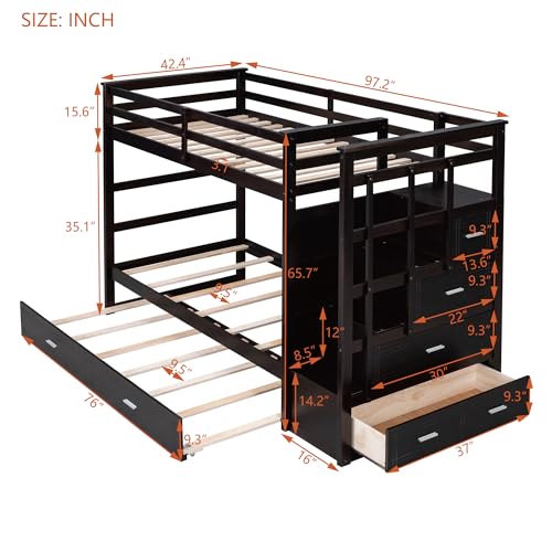 Full Over Full Wood Bunk Bed with Twin Trundle and Stairs, Espresso S7265