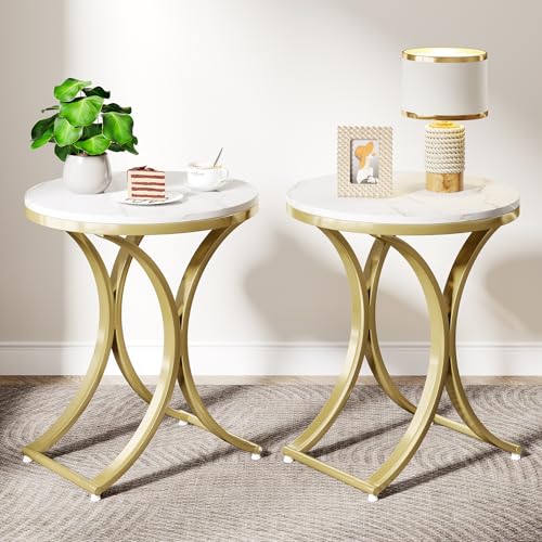 Round Faux Marble Top Gold Metal Legs Side Table R933