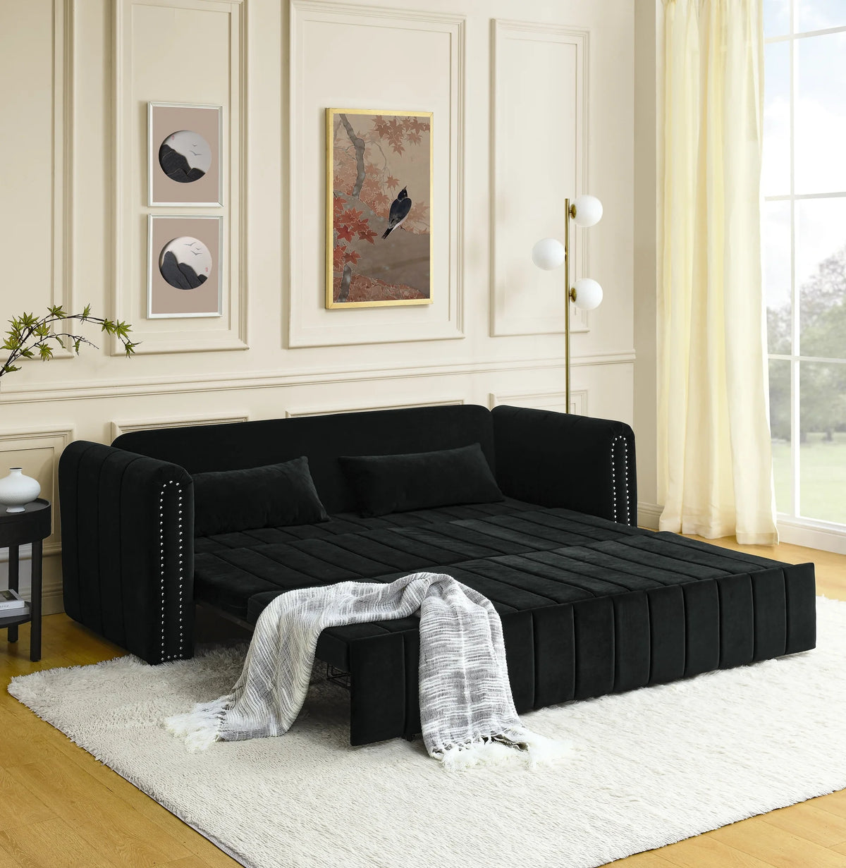 Black 3-in-1 Convertible Sleeper Sofa Bed with Two Drawers and Two Pillows Y47500