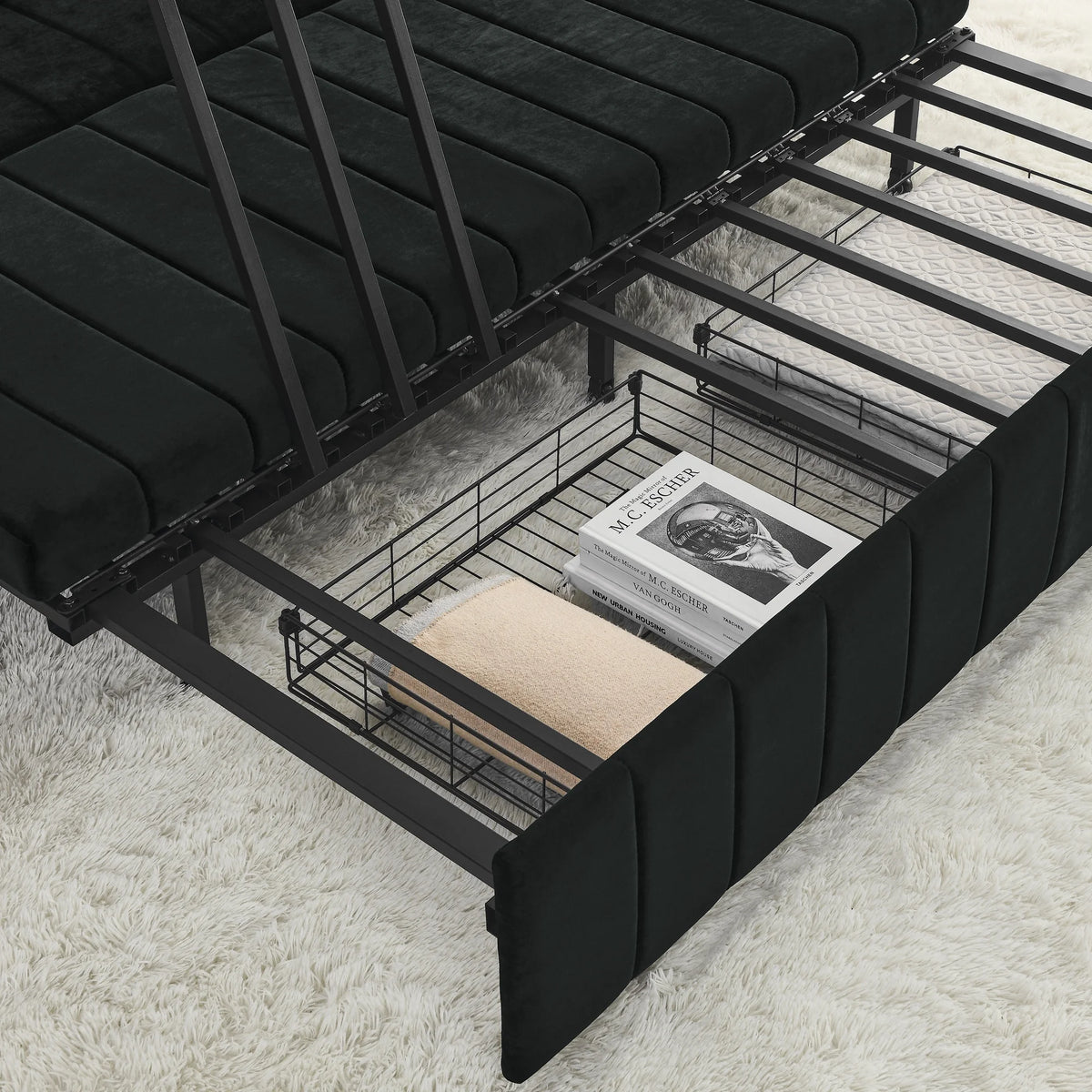 Black 3-in-1 Convertible Sleeper Sofa Bed with Two Drawers and Two Pillows Y47500
