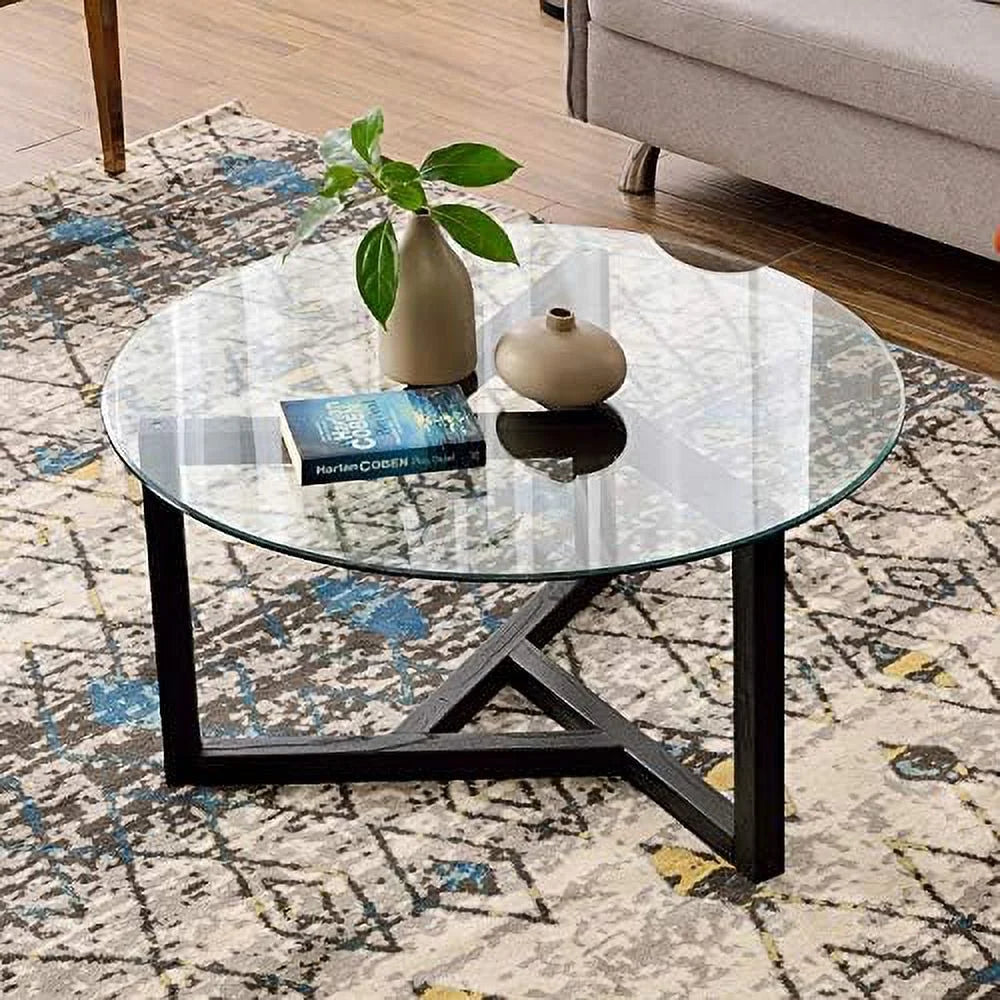Round Glass Coffee Table with Wood Frame X4645