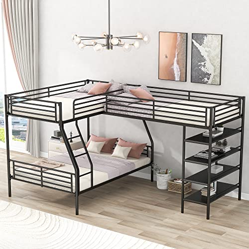 Black Metal Twin Size L-Shaped Loft Bed with Two Built-in Desks R1776