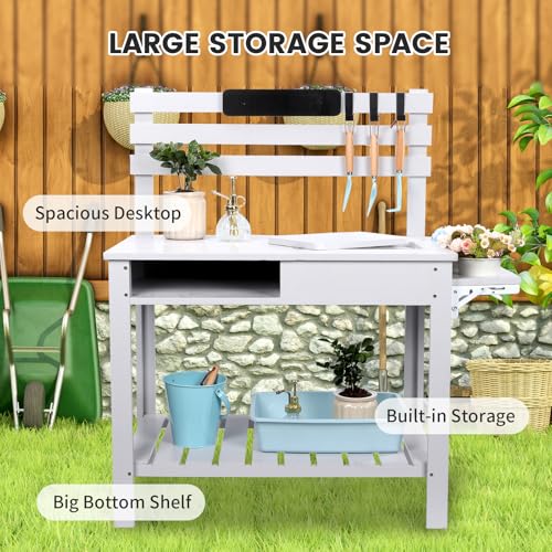 Wooden Potting Bench Table with 3 Side Hook Shelf U38802