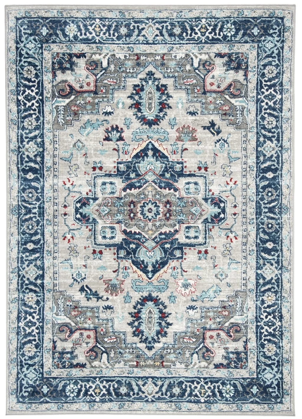 Light Grey Blue Floral Bordered Area Rug O5930
