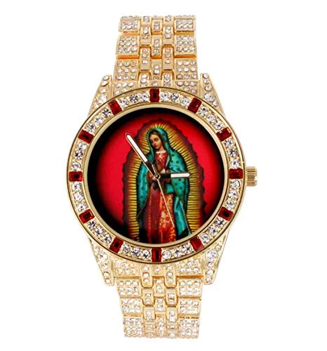 Men's Hip Hop Metal Timepiece with Blood Red Baguettes and Clear Rhinestones E6459