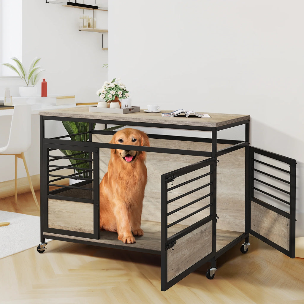Grey Wooden Dog Crate Furniture with Wheels O253