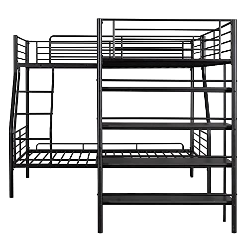 Black Metal Twin Size L-Shaped Loft Bed with Two Built-in Desks R1776