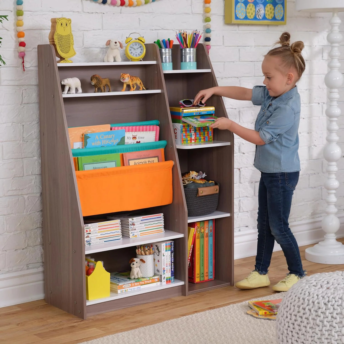Wood Bookshelf with Slings and Shelves R6597