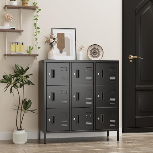 Metal Locker with Padlock and Keys, 9 Doors Black Steel Storage Locker Cabinet V19444