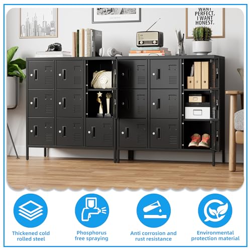 Metal Locker with Padlock and Keys, 9 Doors Black Steel Storage Locker Cabinet V19444