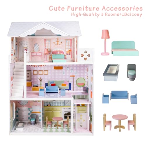 Large Wooden 3 Stories 6 Rooms Dollhouse with Elevator & Balcony R6997