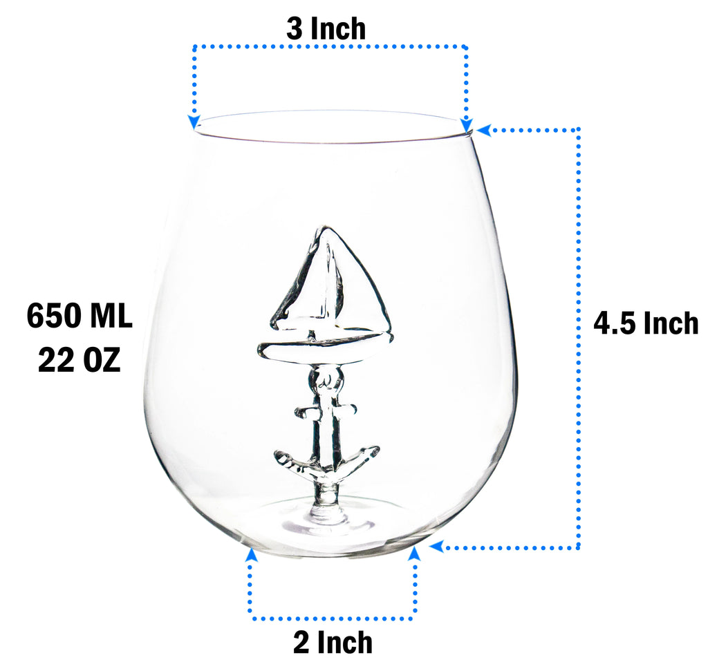 Sail Boat Wine Glass with 3D Sailboat and Nautical Anchor Design 2 PC Set 650ml Stemless L984