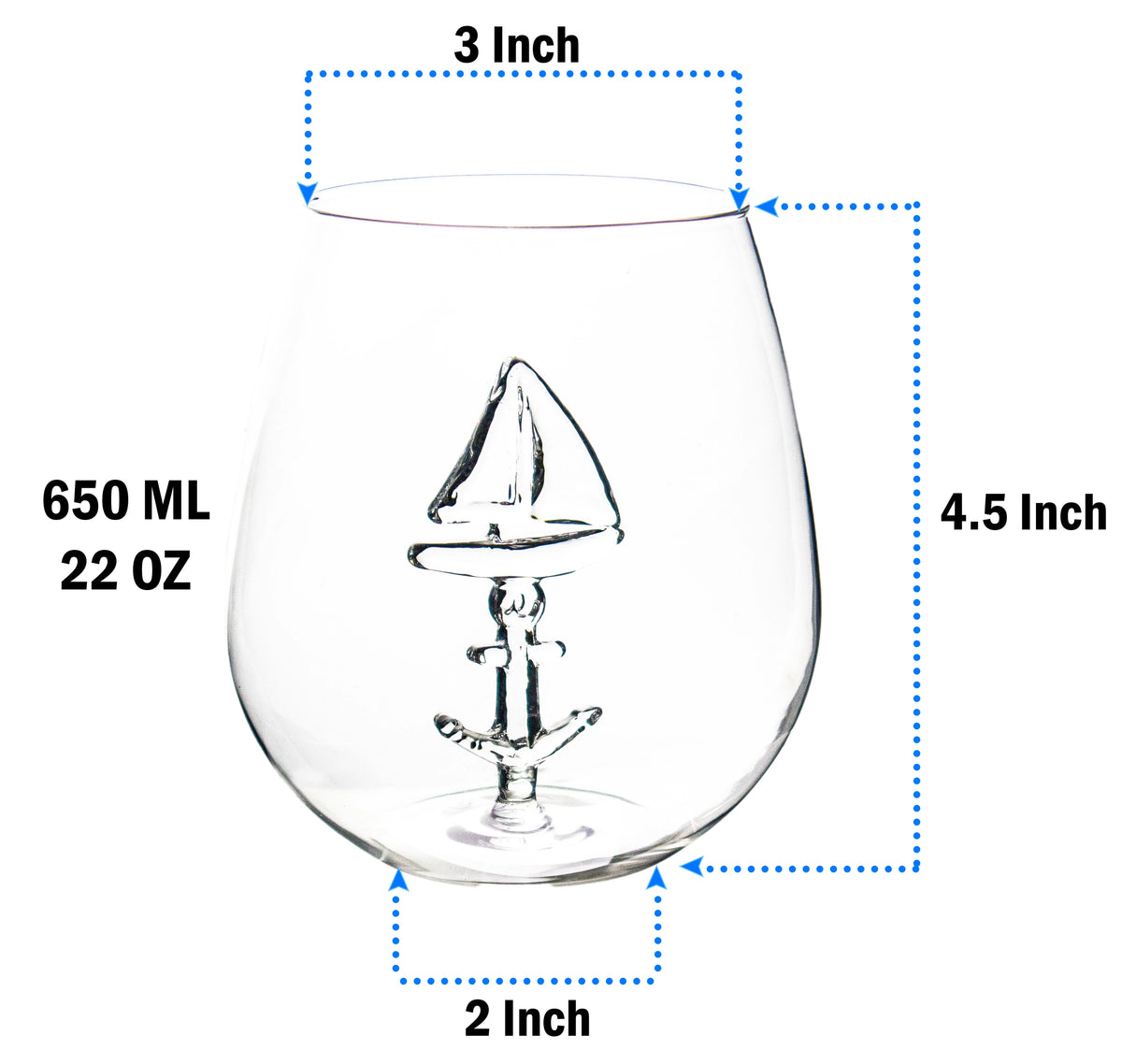 Sail Boat Wine Glass with 3D Sailboat and Nautical Anchor Design 2 PC Set 650ml Stemless L984