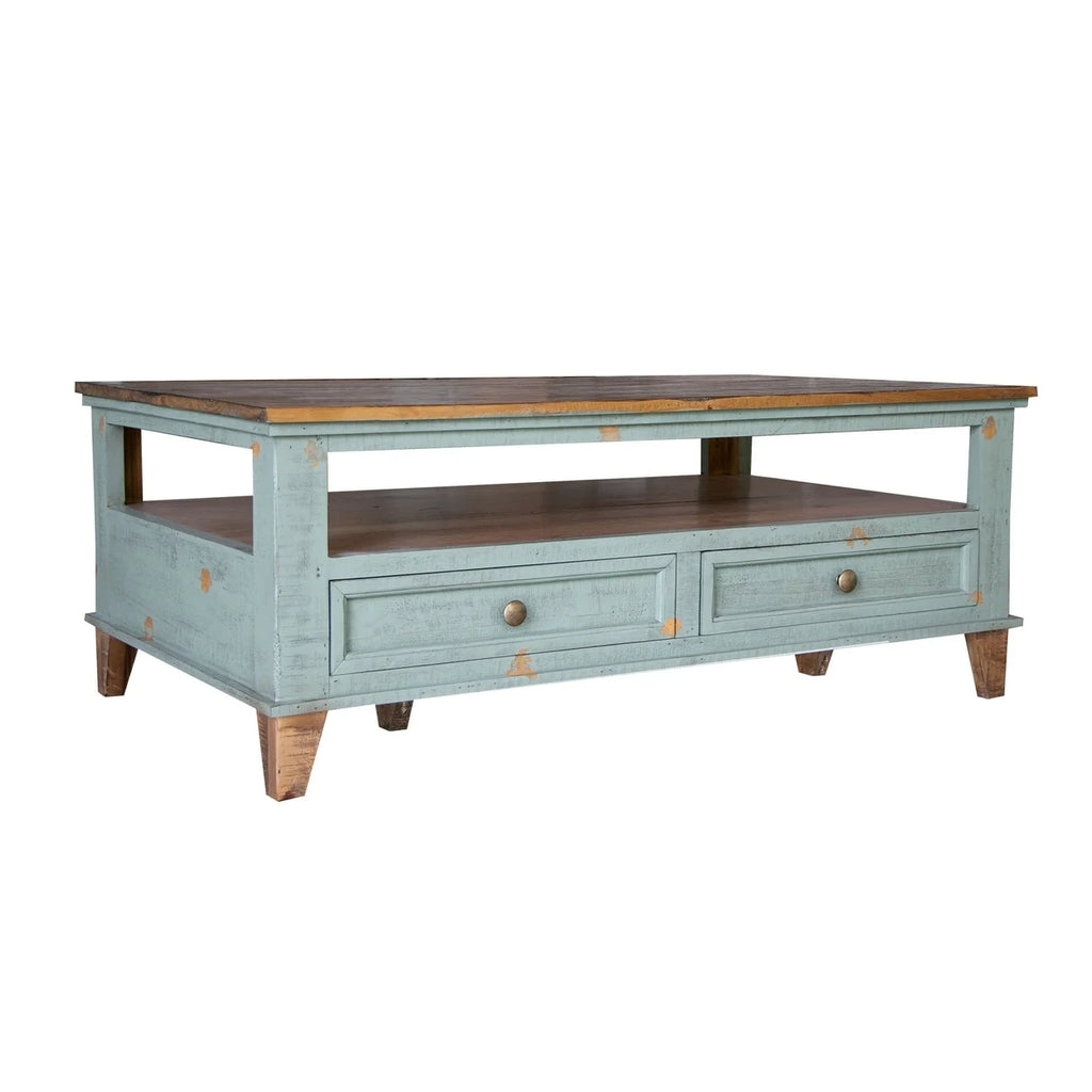 50 Inch 4 Drawers Teal Blue Pine Wood Coffee Table G31080